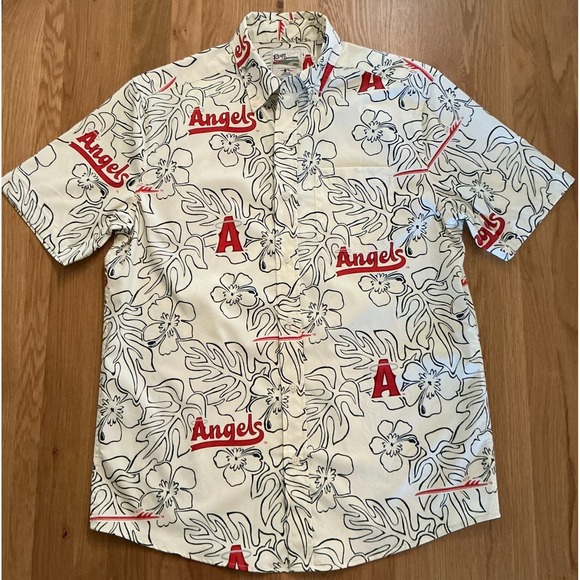 Reyn Spooner MLB Angels Shirt Men's Small Spooner Kloth AOP Off-White Hawaii